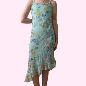 Vintage Hana Hawaiian Blue Floral A-Symmetrical Midi Spring Dress Size M